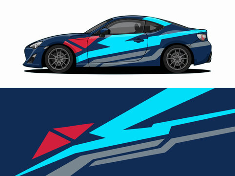Blue sports car with geometric racing decals design