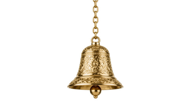 Ornate golden bell with floral patterns hanging from a metal chain, isolated on transparent background