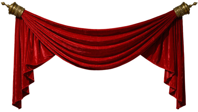 Luxurious red velvet draped curtain with ornate gold finials, isolated on transparent background