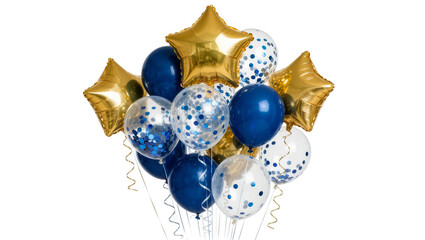 Gold star and blue balloons with confetti, isolated on transparent background © Miguel