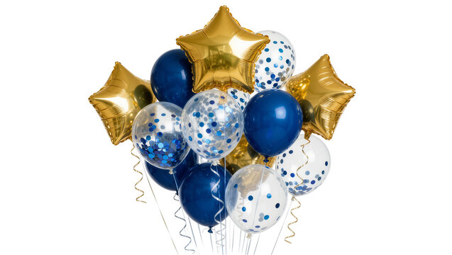 Gold star and blue balloons with confetti, isolated on transparent background