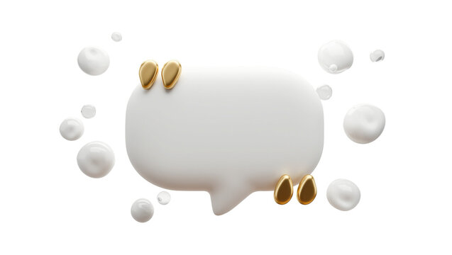 White speech bubble with golden quotation marks, surrounded by liquid drops isolated on transparent background
