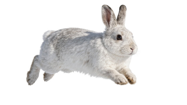 Small white rabbit with grey markings mid-leap, isolated on transparent background