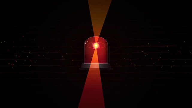 Rotating red emergency siren beacon lighting up a dark room. Flashing security alarm warning light casting light beams. Slow motion animated stock video clip footage