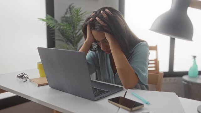 Hispanic woman holding head with hands at laptop in building, leaning over desk with notebook and smartphone on table; stress study pressure.