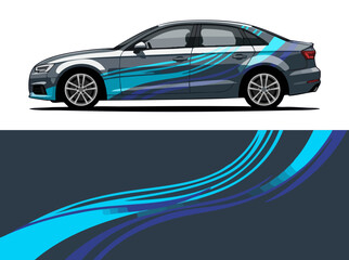 Fototapeta premium Sleek sedan car with dynamic blue wave design wrap