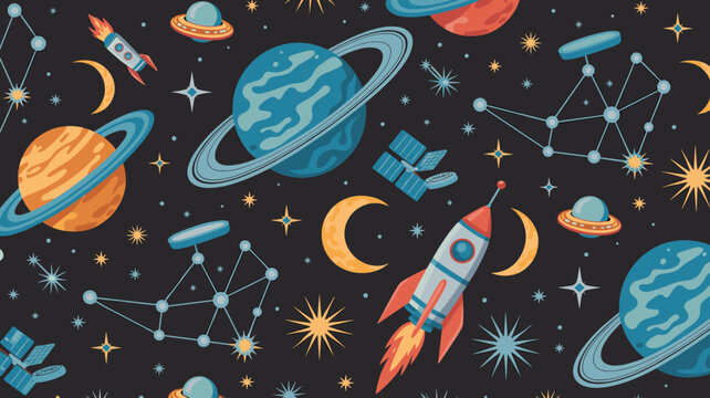 Captivating seamless space pattern showcasing planets, constellations, moons, rockets, and satellites on a dark background.