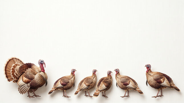 A vibrant group of peafowl including a peacock and peahens in a line