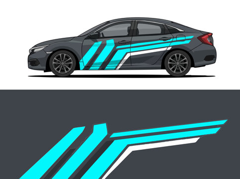 Gray sedan with blue geometric racing stripes decal