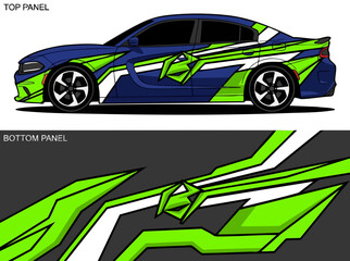 Fototapeta premium Blue car with green geometric racing decal wrap
