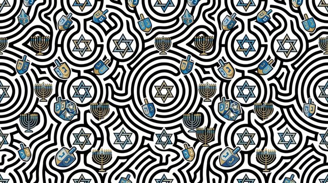 Intricate jewish themed pattern with menorahs dreidels and stars of david in a black and white maze design