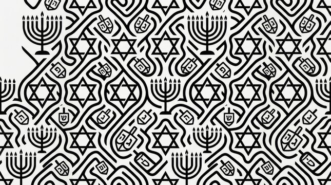 Detailed geometric design showcasing menorahs and stars of david in a striking monochrome style