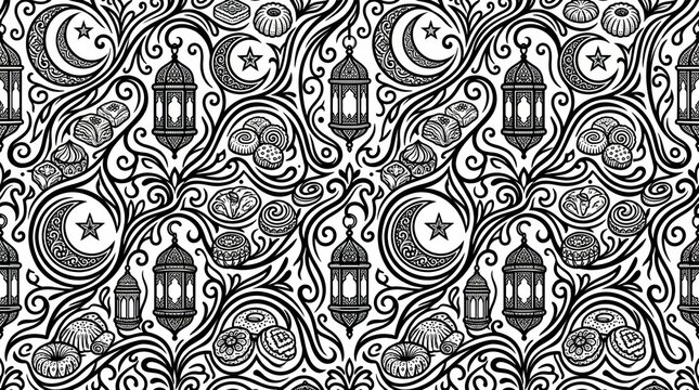 Intricate black and white pattern featuring lanterns moon stars and decorative pastries for festive occasions