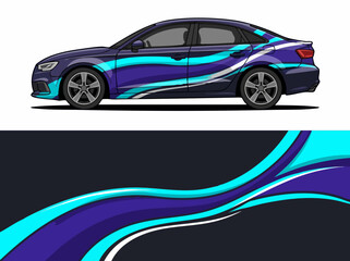 Naklejka premium Blue car with wave pattern design wrap