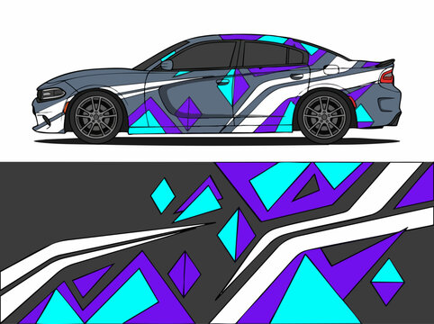 Sporty car with geometric pattern wrap design
