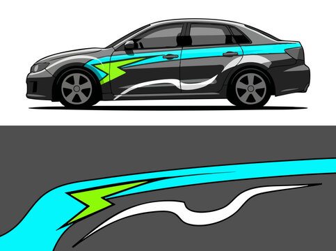 Sleek sports sedan with dynamic racing decals on road