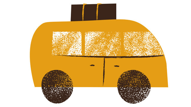 Stylized retro camper van illustration with luggage on roof isolated on white transparent background