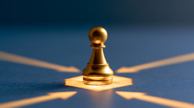A single gold chess pawn standing on a target spot with multiple arrows point at it representing strategy focus and business competition