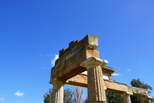 The ancient sanctuary of Artemis, columns of the arcade or stoa around the temple, at Vravrona, Attica, Greece