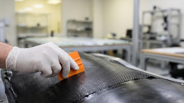 Technician gloved hand using orange squeegee tool to smooth carbon fiber fabric layer