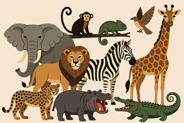 Obraz premium Savanna and jungle wild animal collection featuring elephant, lion, giraffe, zebra, leopard, and crocodile on beige.