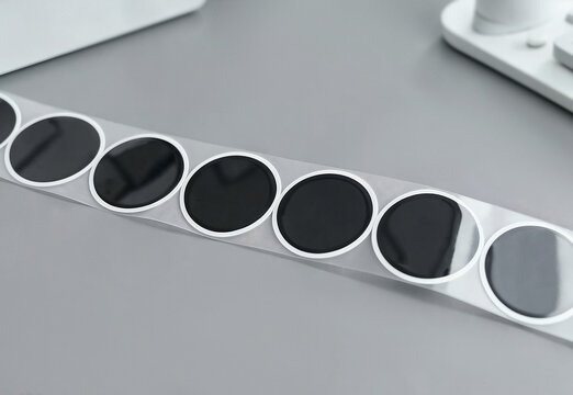 Round black stickers on sticker tape roll mockup, ai generated. Glossy circle adhesive stickers arranged on white tape. Minimal product image for packaging labels, sealing stickers, branding, retail.