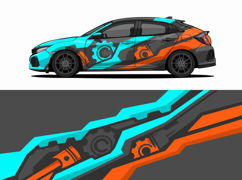 Colorful car wrap with mechanical gear design pattern