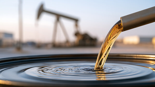 Crude oil pour into a barrel at a petroleum extraction facility with a pumpjack silhouette in the background during a golden sunset hour