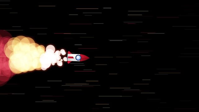 Red rocket ship flying through outer space with glowing exhaust flame and motion blur starfield background. Animated loop stock video footage clip for science fiction projects