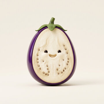 Sliced 3D eggplant character displaying a happy face and tiny smiling seeds on a neutral background