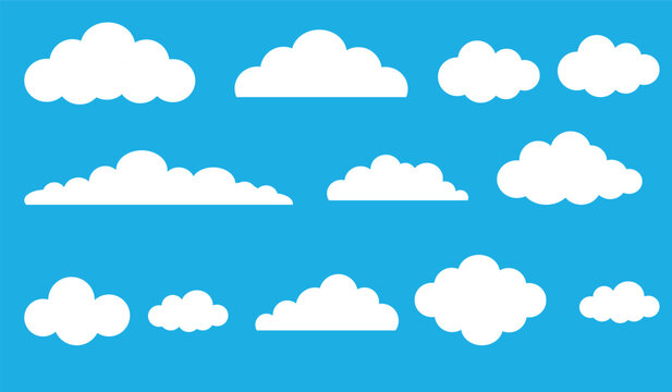 Set of various white cartoon clouds on a bright blue sky background, vector illustration of fluffy weather elements for design and decoration