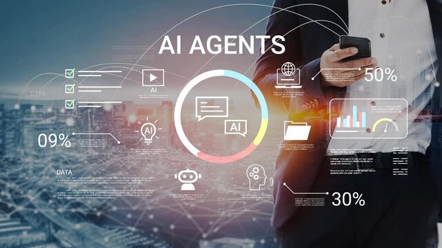 Business professional interacting with AI agents on smartphone amidst digital graphics and urban skyline showcasing data analytics and technology trends Gluon.