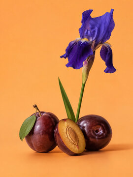 Ripe Purple Plums with Blue Iris Flower on Warm Orange Background