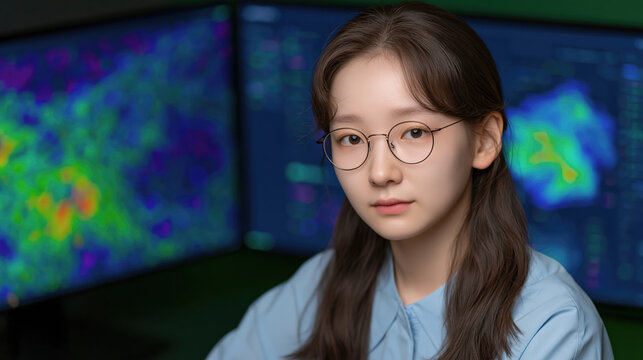 Young woman with glasses working on computer with colorful digital data screens