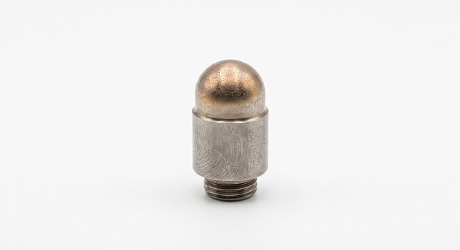 Robotic spot welding copper electrode cap, zirconium-copper alloy tip for automotive assembly. Isolated on white background. Macro industrial manufacturing hardware.