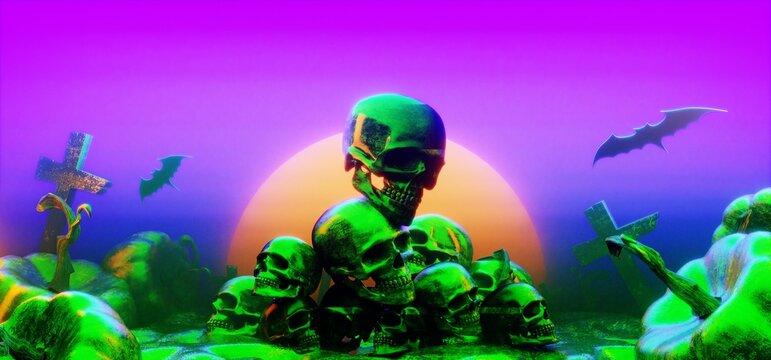 3d illustration rendering of happy halloween celebration pumpkin, a spooky party, ghost skull devil, trick or threat, wallpaper background graveyard