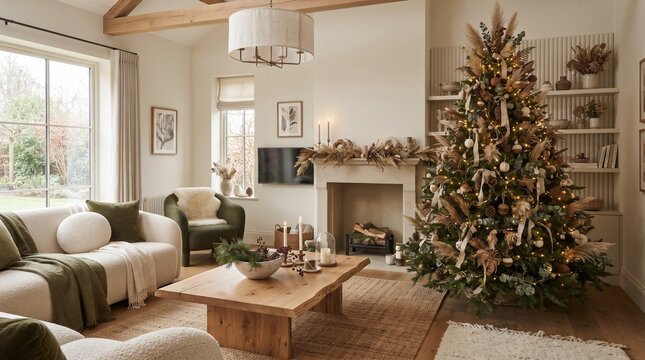Cozy living room interior with a decorated Christmas tree and fireplace for festive holiday home decor