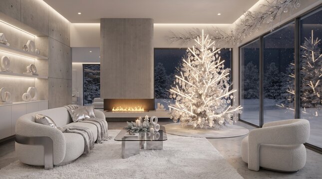Modern Luxury Interior Design with Glowing White Christmas Tree and Fireplace overlooking Snowy Winter Landscape