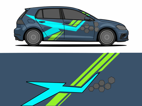 Blue hatchback car with geometric racing decals side view