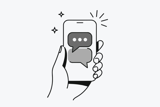 Human hand holding a smartphone showing incoming text messages with chat bubbles in linear vector style.