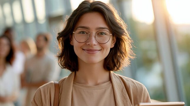 Confident young woman with glasses smiling indoors in modern bright space