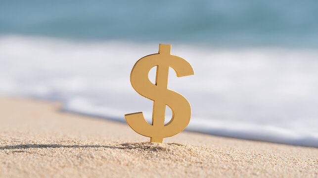 Gold dollar currency symbol stand upright in sand on tropical ocean beach shore, vacation financial wealth concept background photo