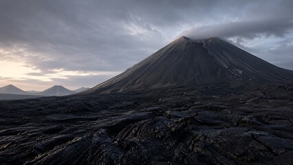 Fototapeta premium Dark Volcanic Mountain Landscape Under Dramatic Clouds