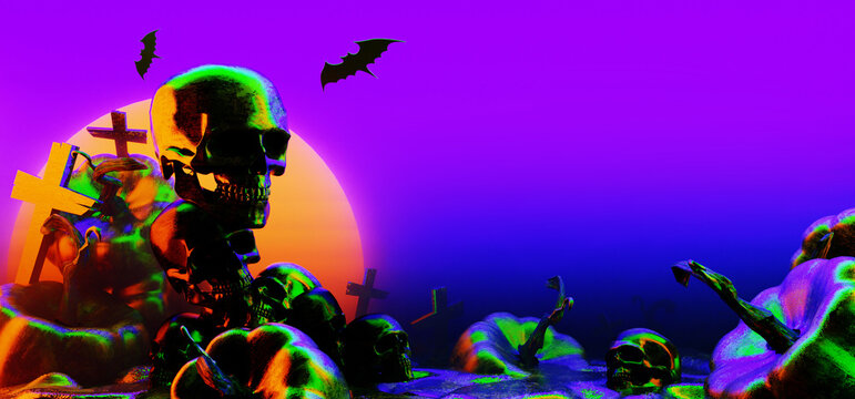 3d illustration rendering of happy halloween celebration pumpkin, a spooky party, ghost skull devil, trick or threat, wallpaper background graveyard
