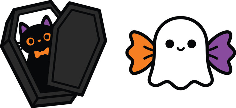 Cute cartoon illustration of a black cat inside a coffin and a friendly ghost with colorful wings