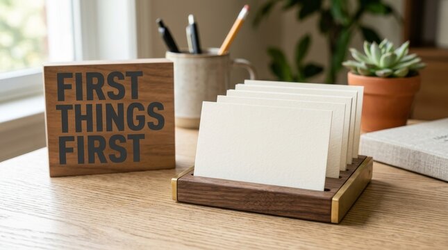First Things First Concept with Organized Desk and Blank Cards Representing Priorities Planning Productivity Organization Business Strategy Focus and Time Management