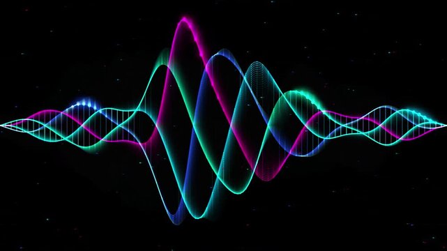 Neon sound wave visualization: pulsing digital audio spectrum background, for music production