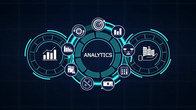 Analytics business hud interface concept with data chart icons for corporate metrics, strategy, and digital dashboard presentation