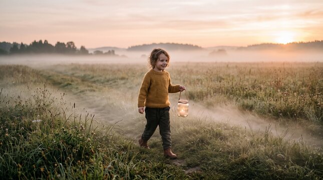 Young boy walks through misty field at sunrise holding a glowing lantern