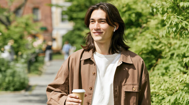 Young man walking outside holding coffee cup smiling enjoying sunny day